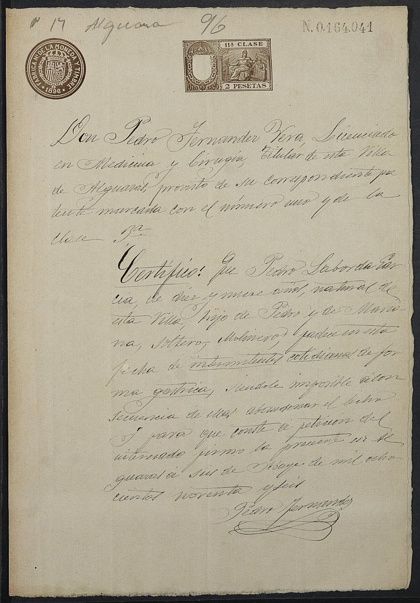 Certificado médico de Pedro Laborda García para la excepción del servicio militar, mozo del reemplazo de 1896 de Alguazas.