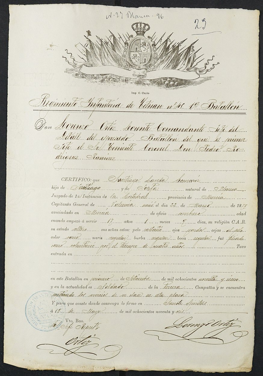 Certificado de servicio como voluntario del Ejército de Santiago Laveda Gomariz para la excepción del servicio militar, mozo del reemplazo 1896 de Blanca.