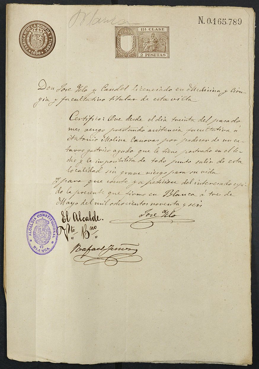 Certificados médicos de Antonio Molina Cánovas para la excepción del servicio militar, mozo del reemplazo de 1896 de Blanca.