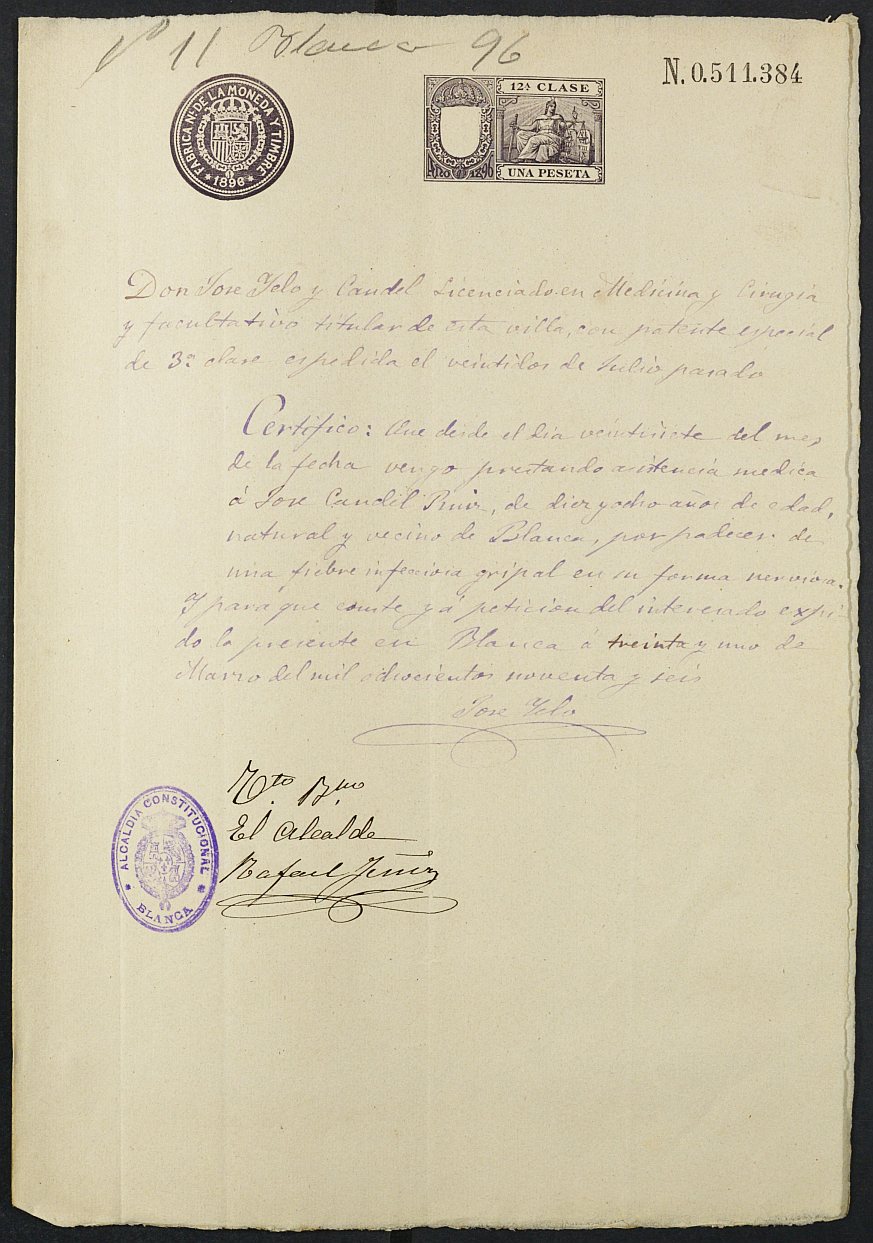 Certificado médico de José Candel Ruiz para la excepción del servicio militar, mozo del reemplazo de 1896 de Blanca.