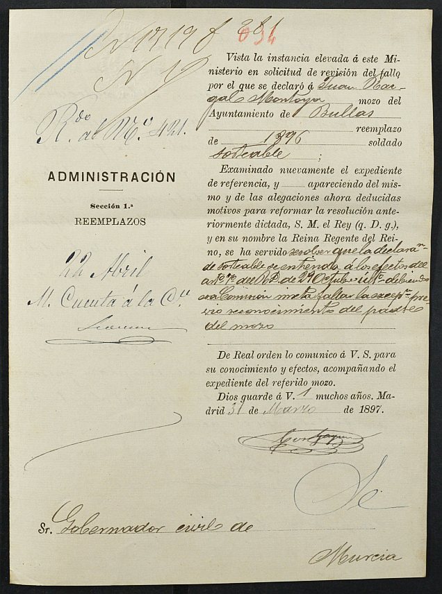 Expediente justificativo de la excepción del servicio militar de Juan de la Cruz Raigal Montoya, mozo del reemplazo de 1896 de Bullas.