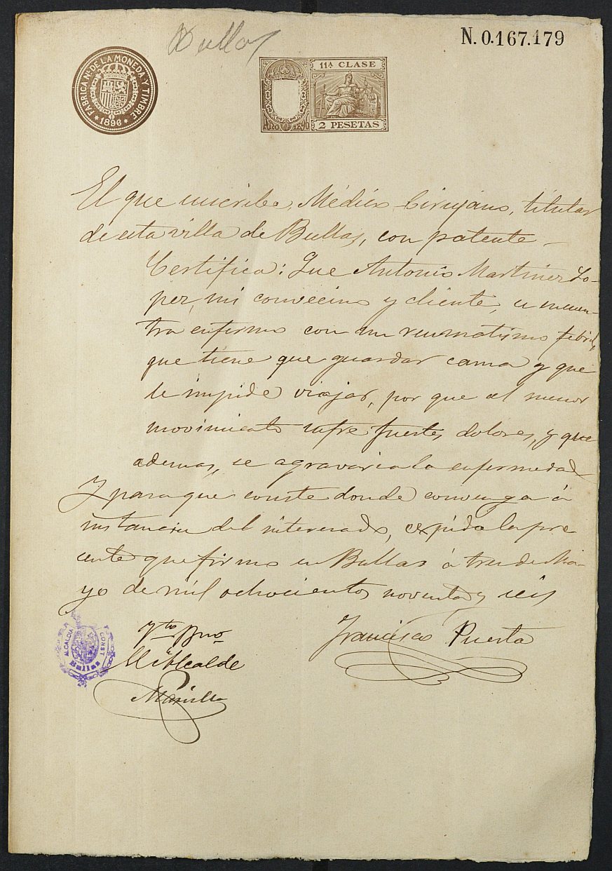 Certificados médicos de Antonio Martínez López para la excepción del servicio militar, mozo del reemplazo de 1896 de Bullas.