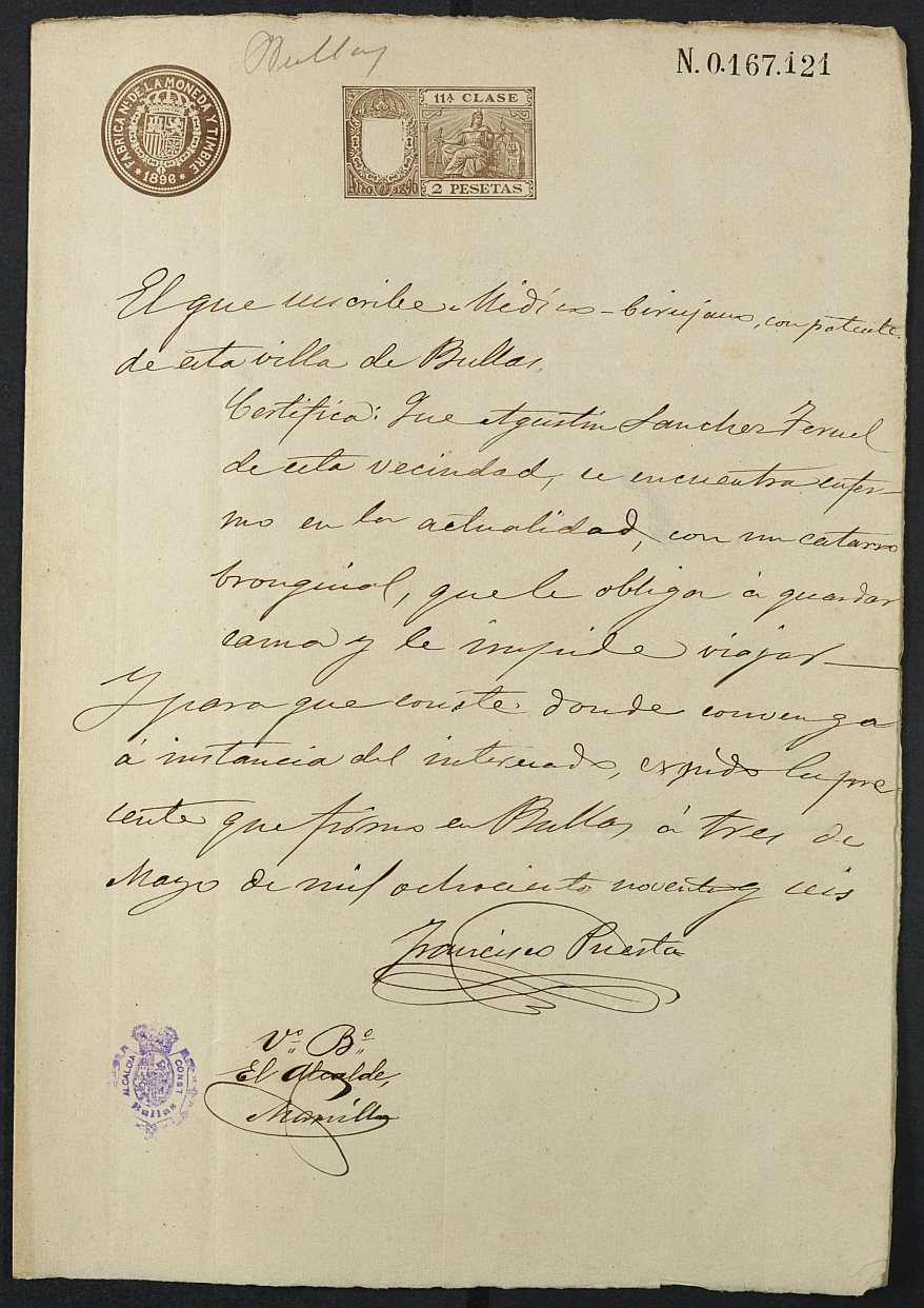 Certificado médico de Agustín Sánchez Teruel para la excepción del servicio militar, mozo del reemplazo de 1896 de Bullas.