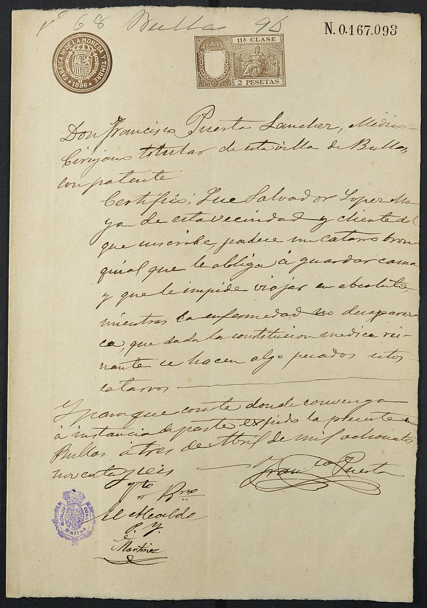 Certificado médico de Salvador López Moyal para la excepción del servicio militar, mozo del reemplazo de 1896 de Bullas.
