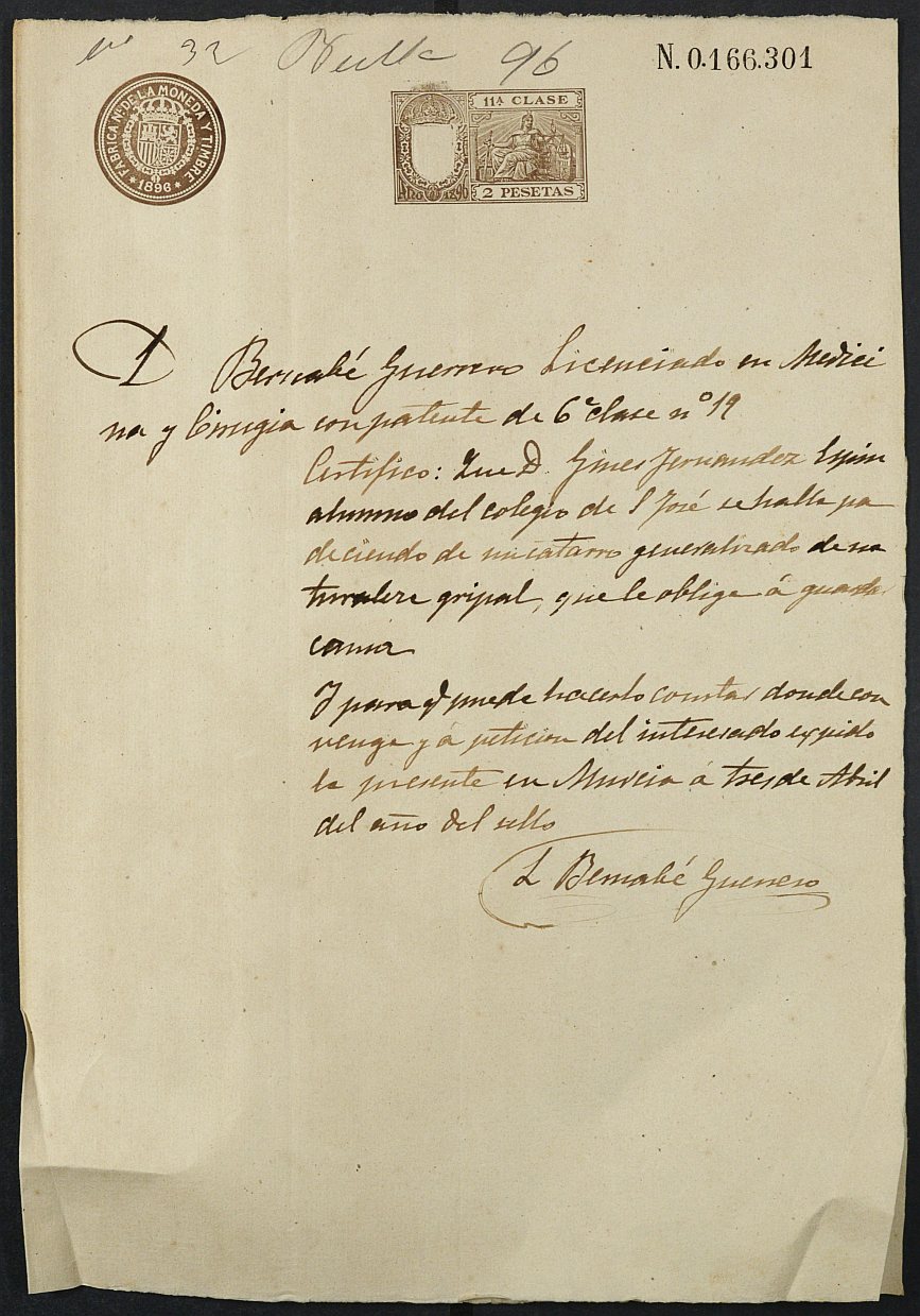Certificado médico de Ginés Fernández Espín para la excepción del servicio militar, mozo del reemplazo de 1896 de Bullas.