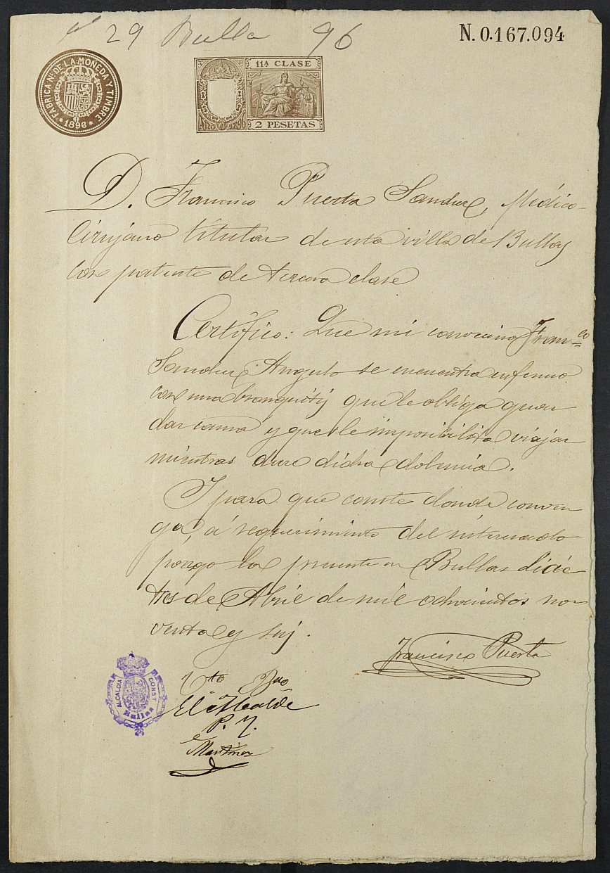 Certificado médico de Francisco Sánchez Angulo para la excepción del servicio militar, mozo del reemplazo de 1896 de Bullas.