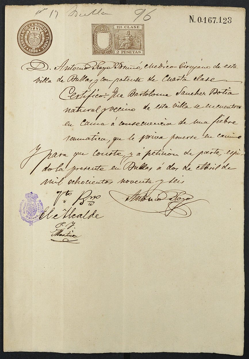 Certificado médico de Bartolomé Sánchez Botía para la excepción del servicio militar, mozo del reemplazo de 1896 de Bullas.