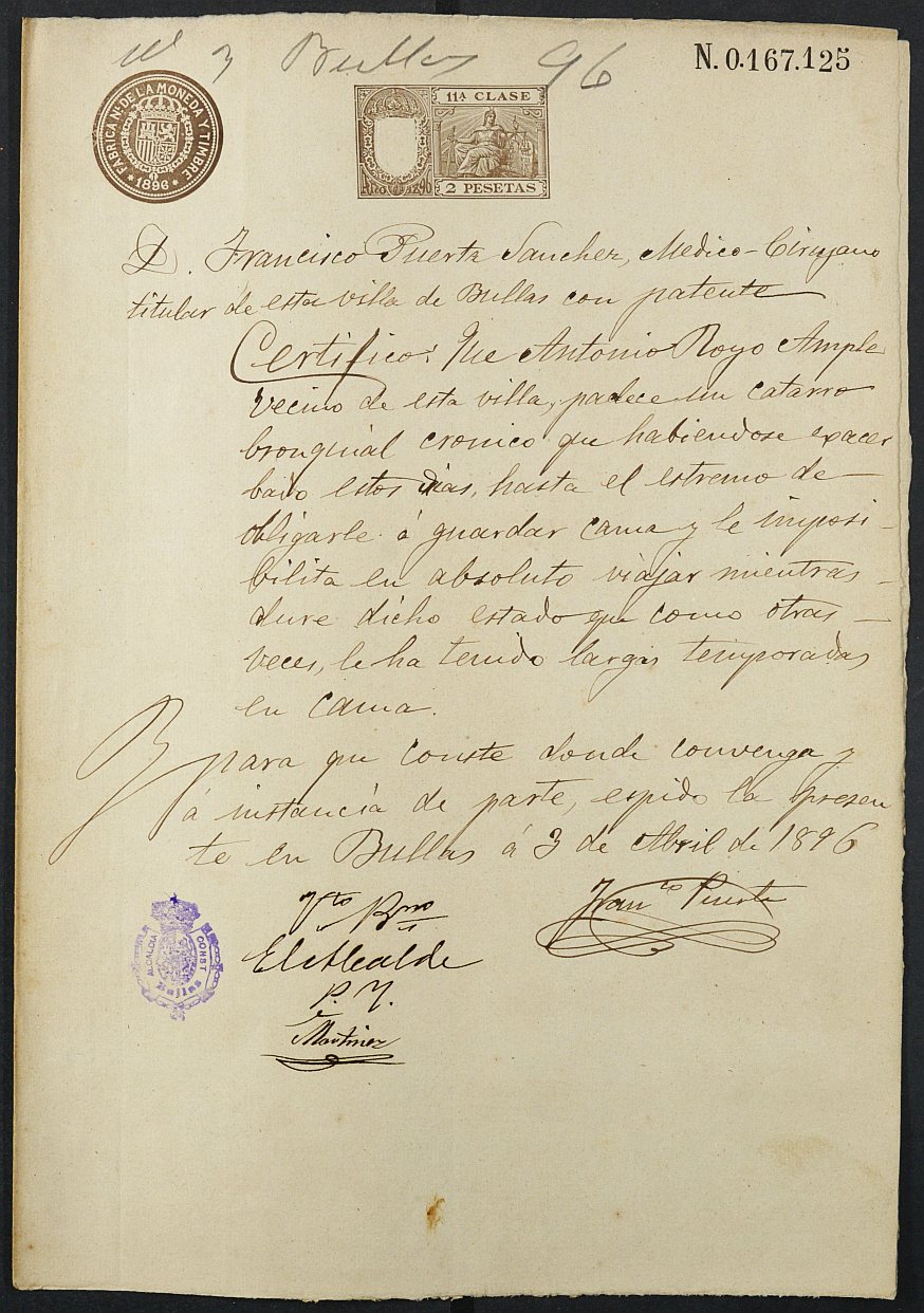 Certificado médico de Antonio Royo para la excepción del servicio militar, mozo del reemplazo de 1896 de Bullas.