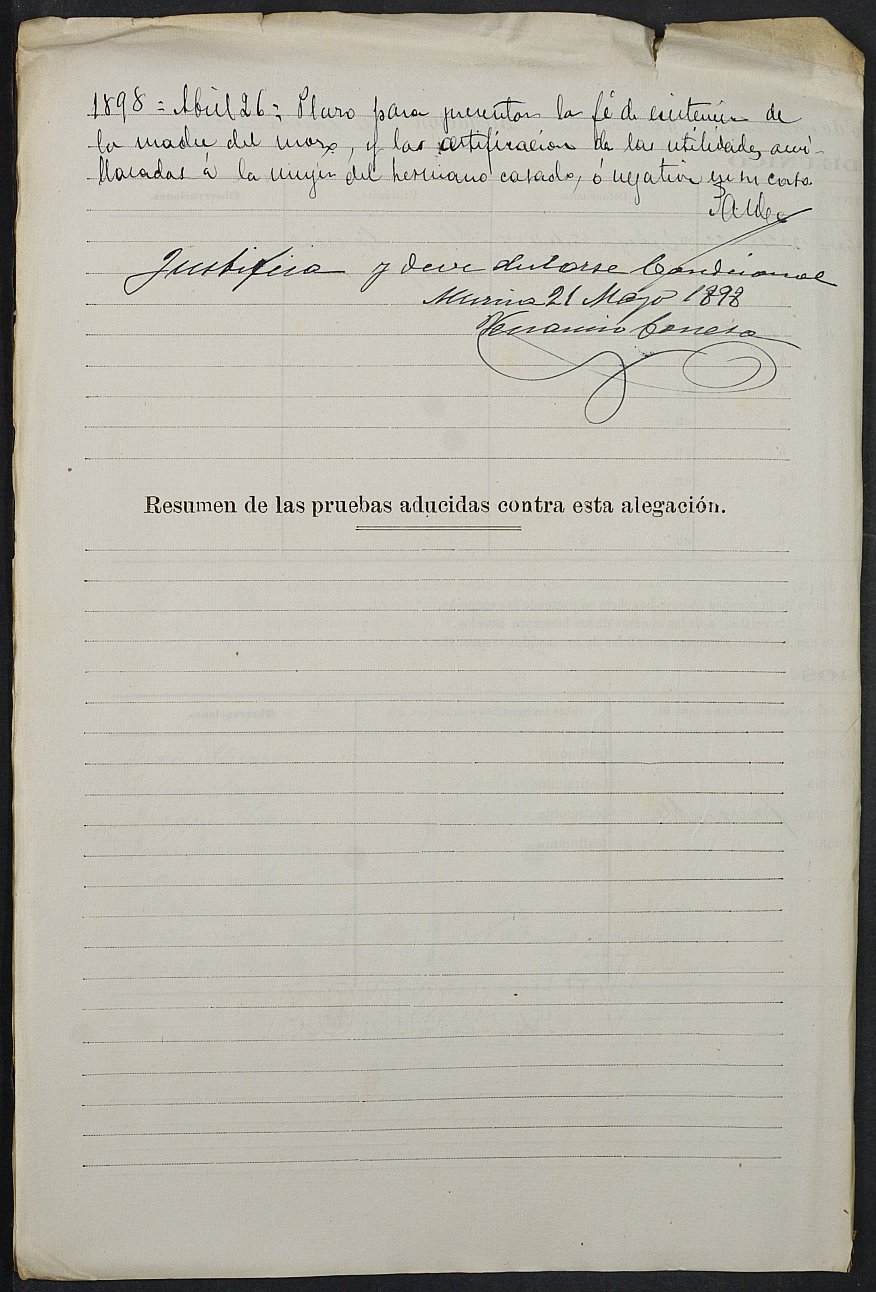 Expediente justificativo de la excepción del servicio militar de Antonio García García, mozo del reemplazo de 1896 de Caravaca de la Cruz.
