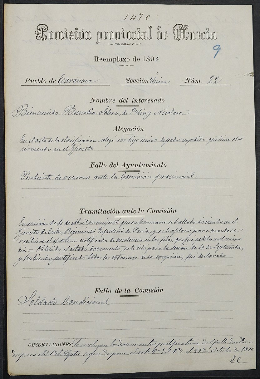 Expediente justificativo de la excepción del servicio militar de Bienvenido Buendía Solera, mozo del reemplazo de 1896 de Caravaca de la Cruz.