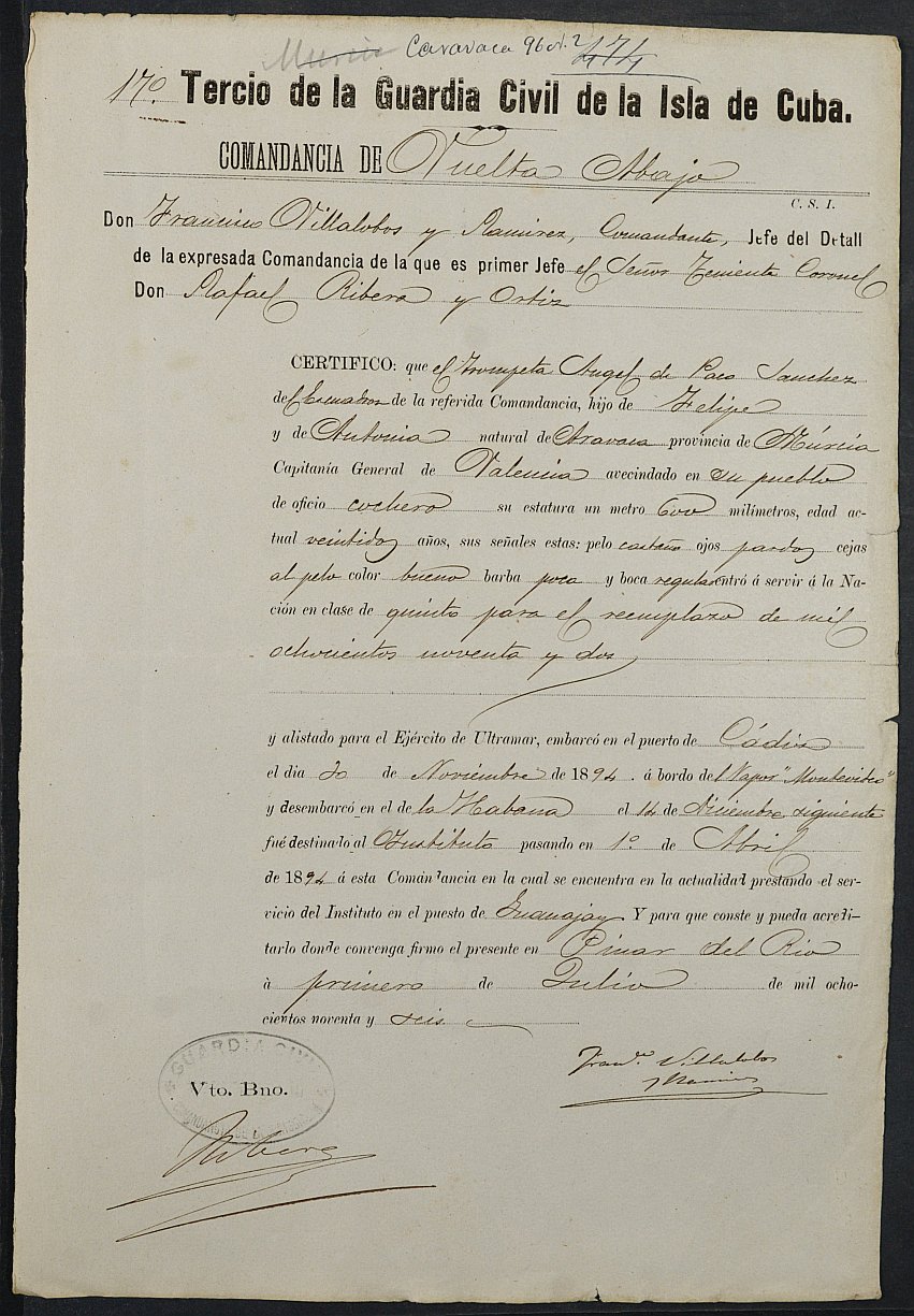 Expediente justificativo de la excepción del servicio militar de Ángel de Paco Sánchez, mozo del reemplazo de 1896 de Caravaca de la Cruz.