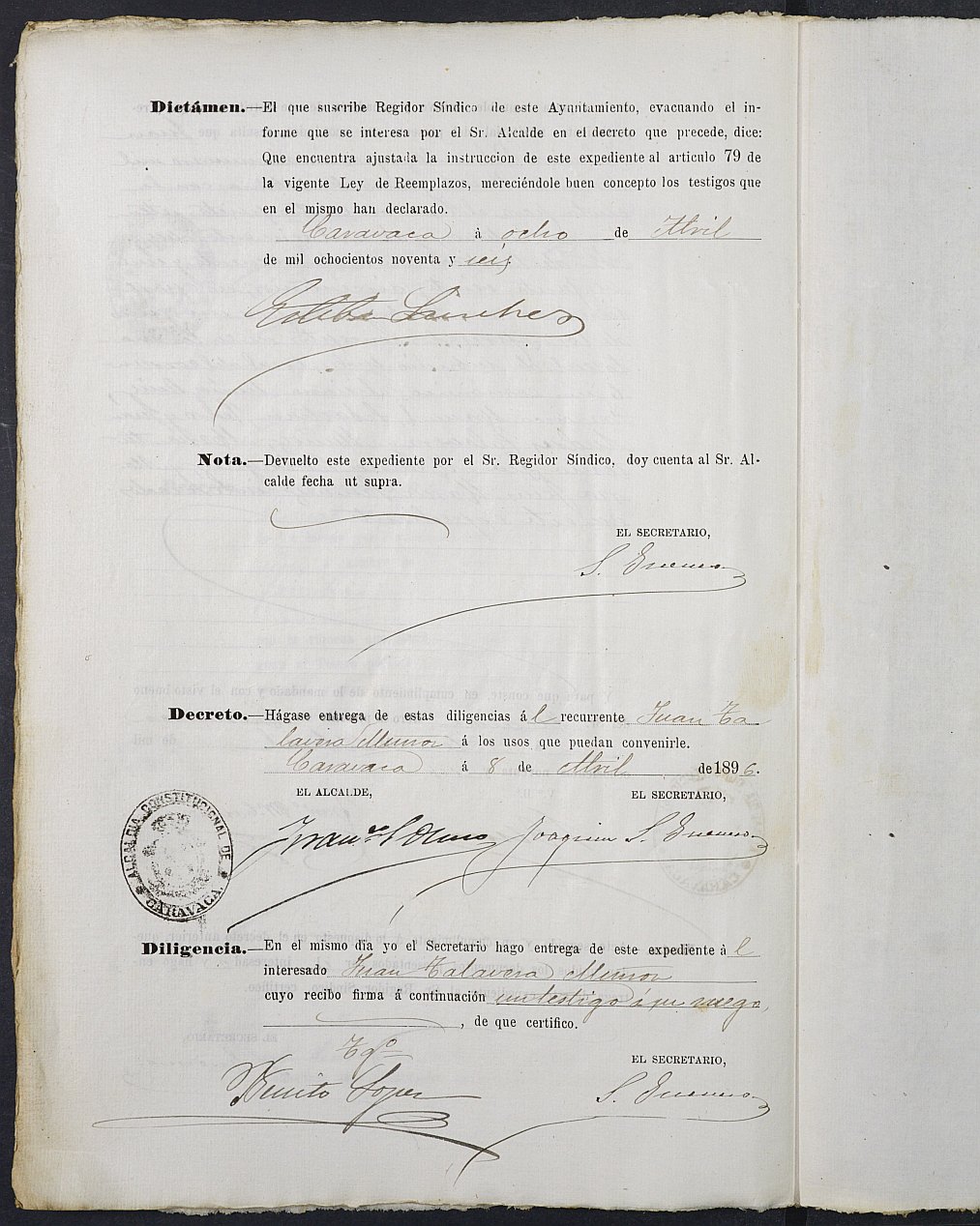 Expediente justificativo de la excepción del servicio militar de Juan Talavera Muñoz, mozo del reemplazo de 1896 de Caravaca de la Cruz.