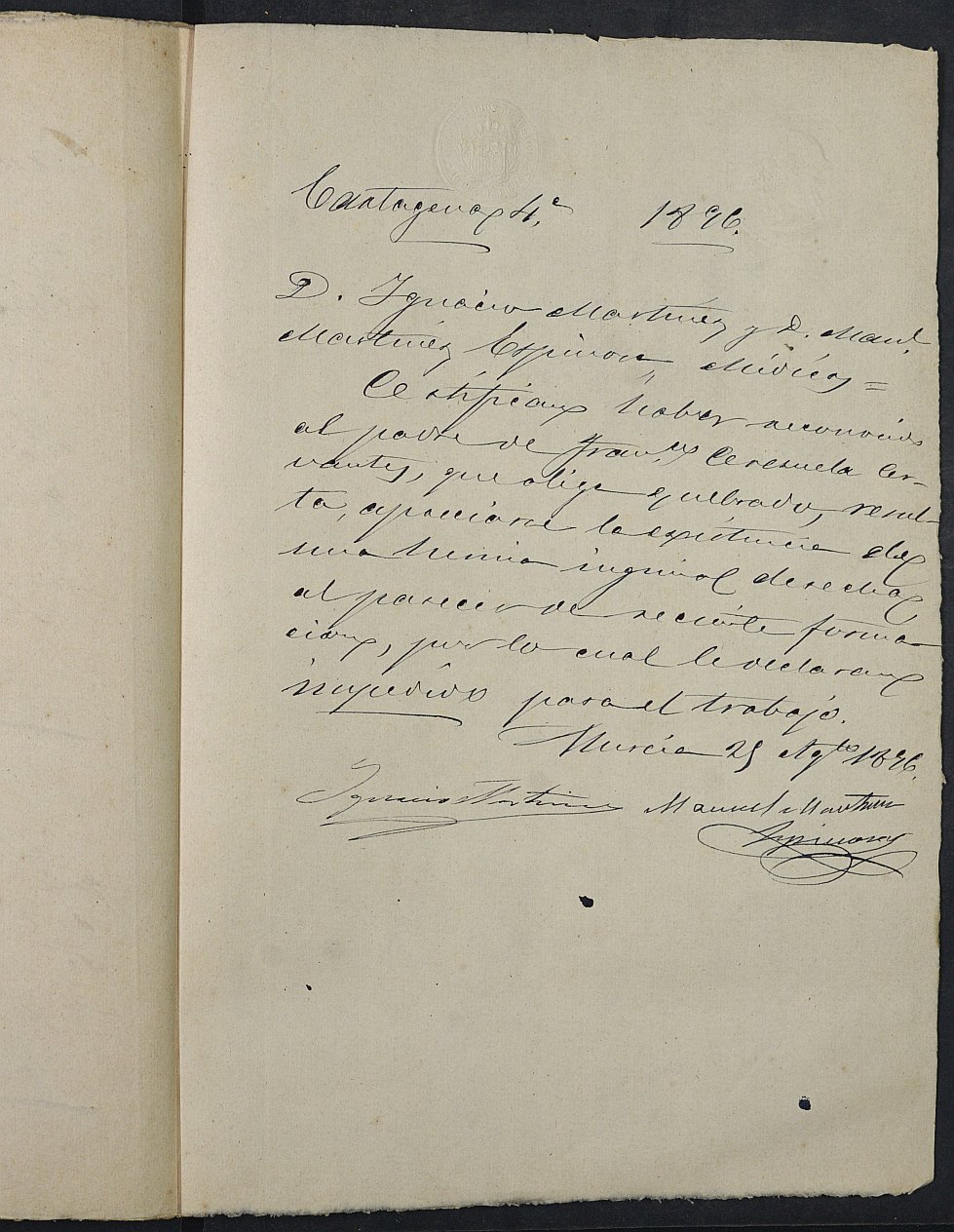Copia certificada del expediente general de Quintas de la Sección 4ª del Ayuntamiento de Cartagena del reemplazo de 1896.
