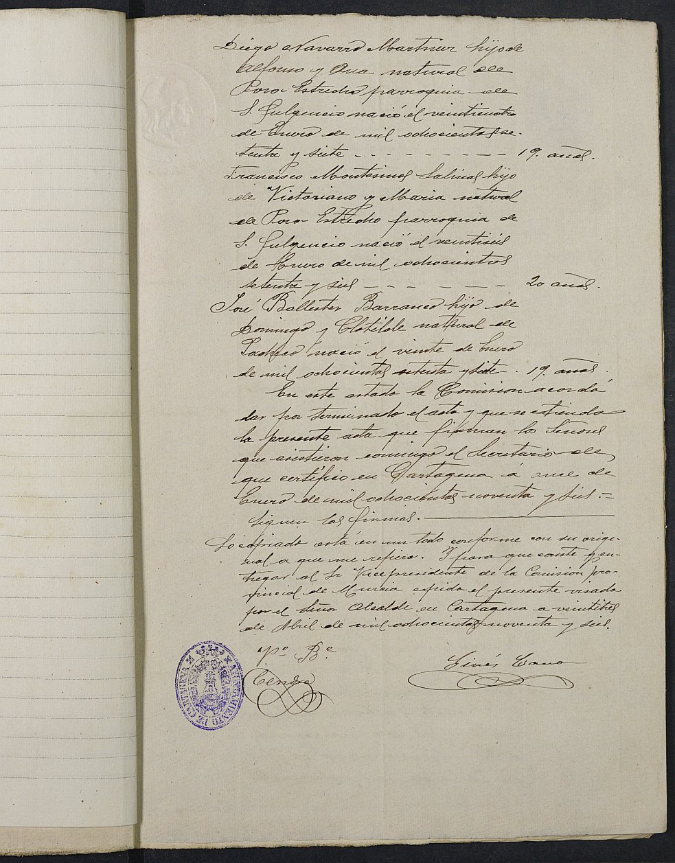 Copia certificada del expediente general de Quintas de la Sección 6ª del Ayuntamiento de Cartagena del reemplazo de 1896.