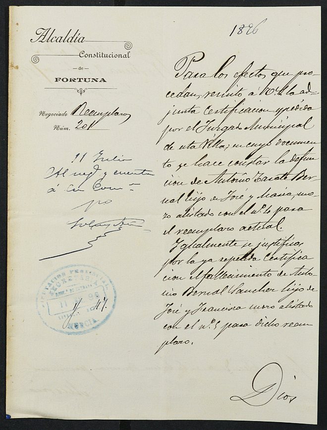 Oficio de remisión del Ayuntamiento de Fortuna a La Comisión Provincial del certificado de defunción de Antonio zarate Bernal, mozo del reemplazo de 1896 de Fortuna.
