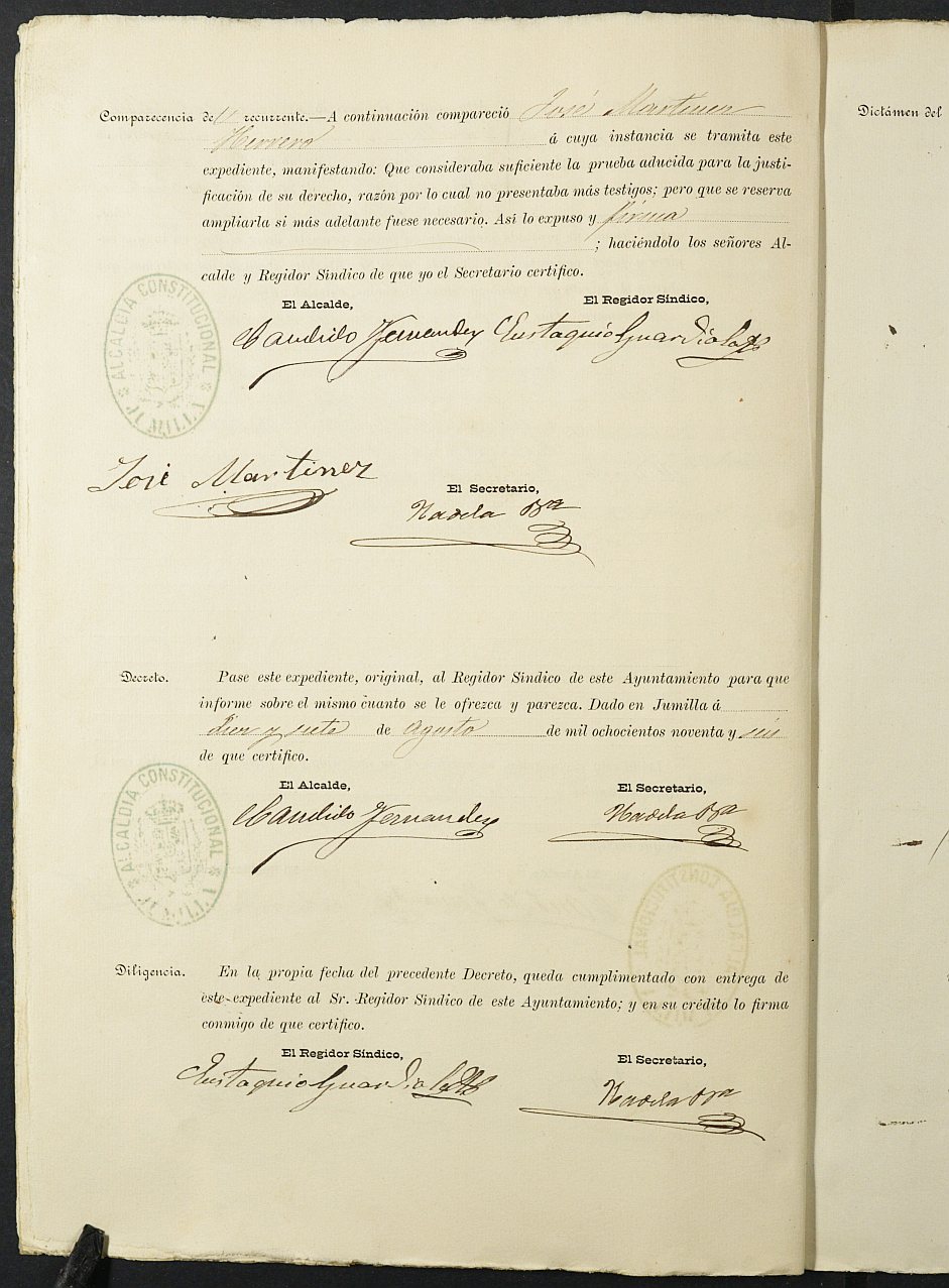 Expediente justificativo de la excepción del servicio militar de José Martínez Herrero, mozo del reemplazo de 1896 de Jumilla.