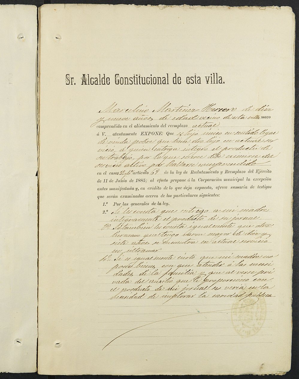 Expediente justificativo de la excepción del servicio militar de Marcelino Martínez Herrero, mozo del reemplazo de 1896 de Jumilla.