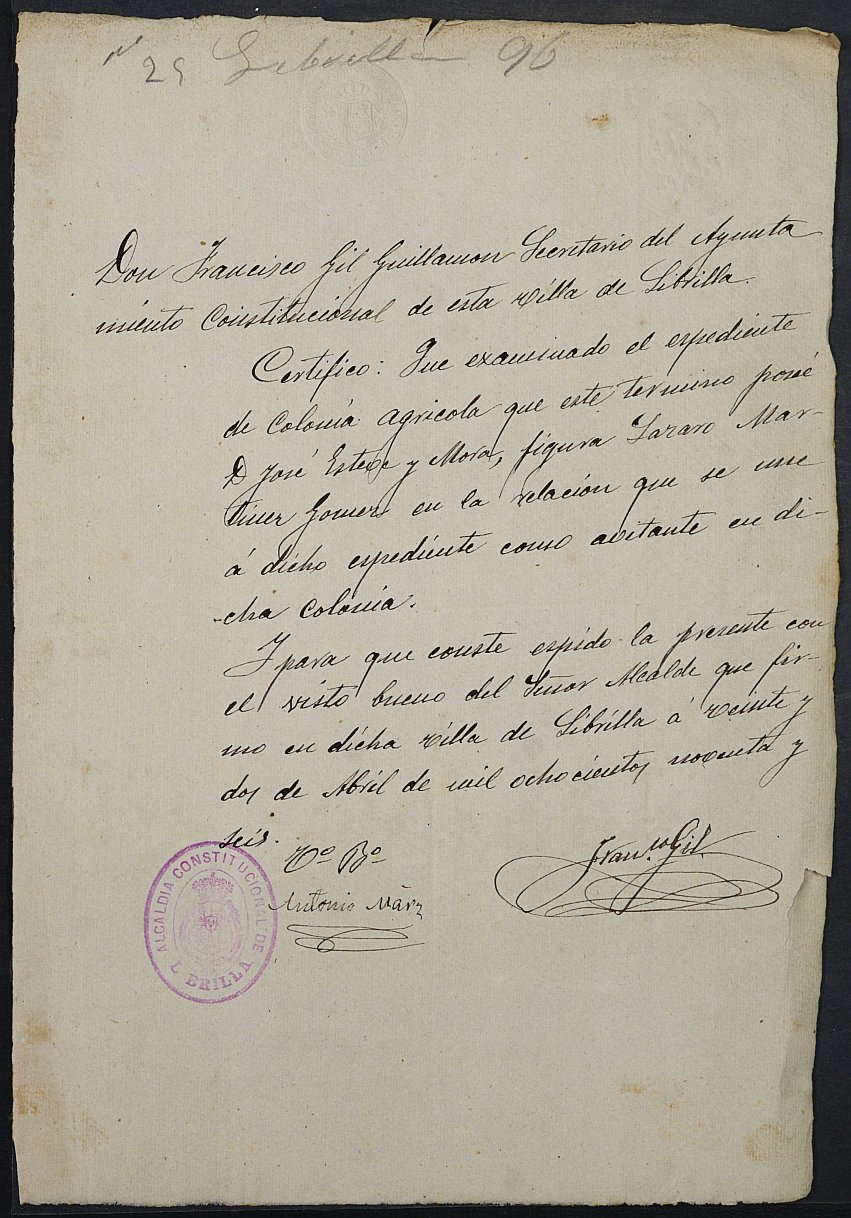 Certificado de habitante de colonia agrícola de Lázaro Martínez Gómez para la exepción del servicio militar, mozo del reemplazo de 1896 de Librilla.