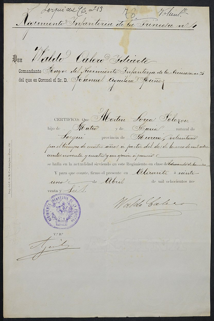 Certificado de servicio como voluntariado en el ejército de Martín Lorca Palazón para la excepción del servicio militar, mozo del reemplazo de 1896 de Lorquí.