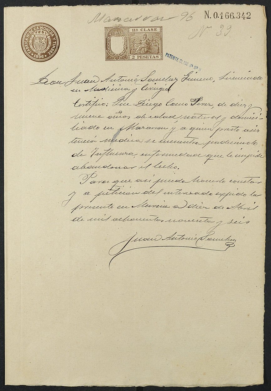 Certificado médico de Diego Cano Pérez para la excepción del servicio militar, mozo del reemplazo de 1896 de Mazarrón.