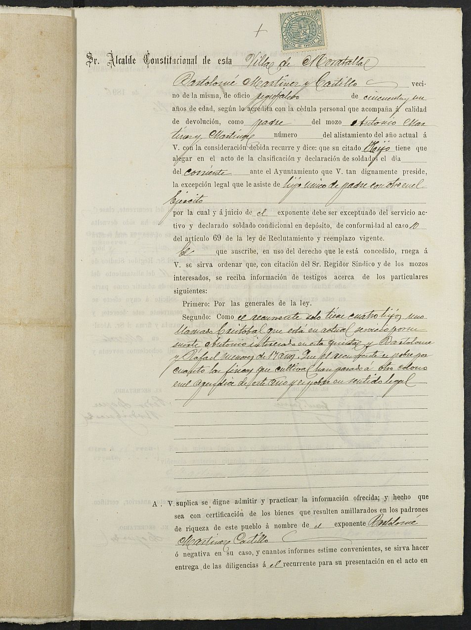 Expediente justificativo de la excepción del servicio militar de Antonio Martínez Martínez, mozo del reemplazo de 1896 de Moratalla.