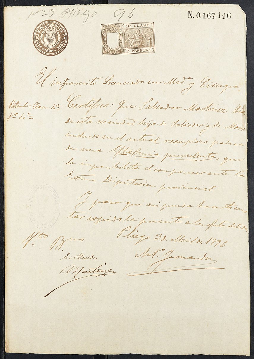 Certificados médicos de Salvador Martínez Díaz para la excepción del servicio militar, mozo del reemplazo de 1896 de Pliego