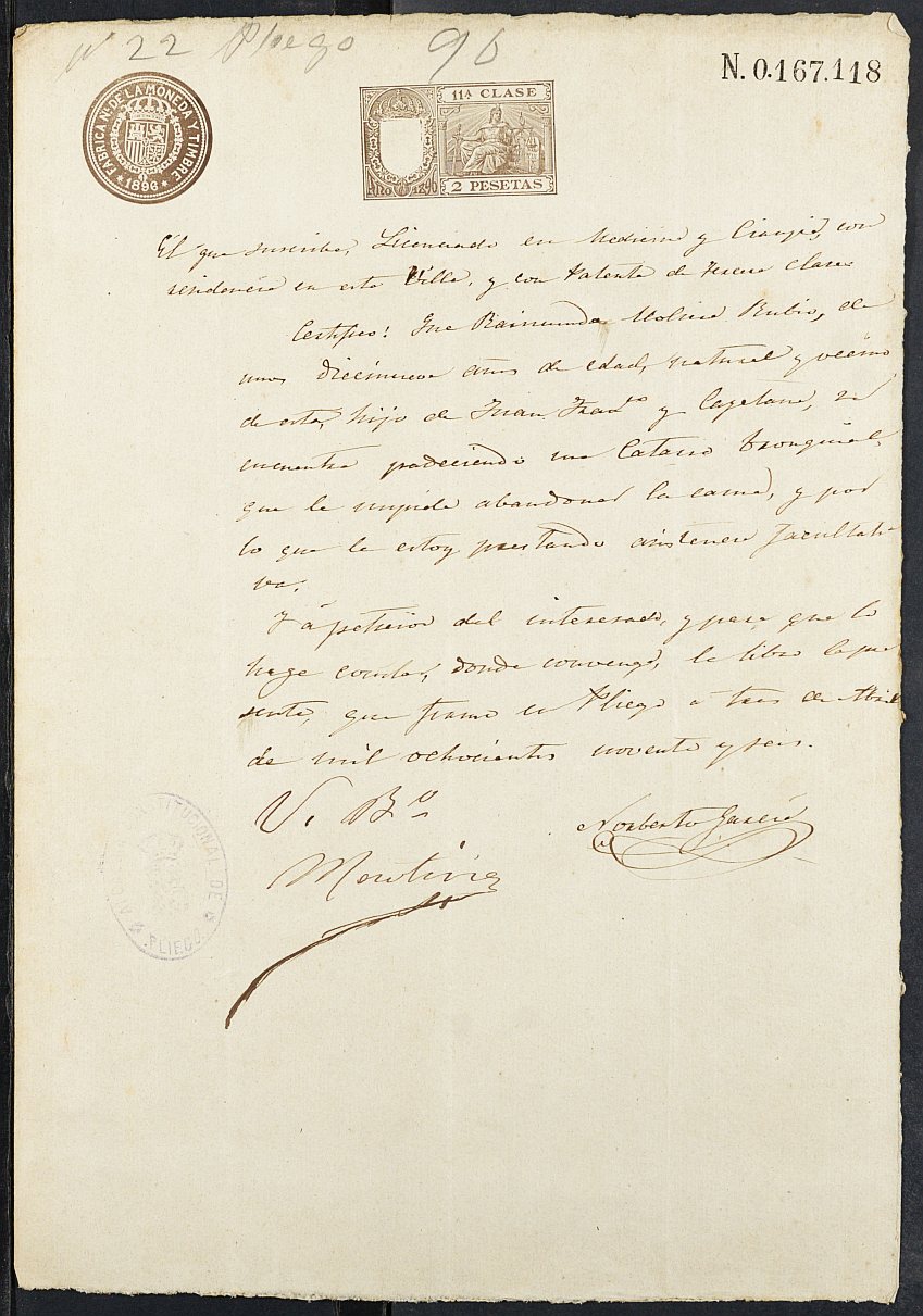 Certificados médicos de Raimundo Molina Rubio para la excepción del servicio militar, mozo del reemplazo de 1896 de Pliego