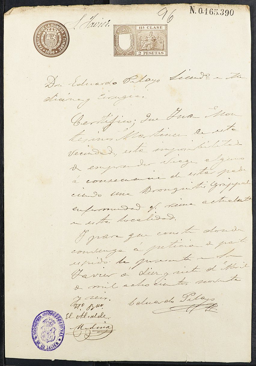 Certificado médico de Juan Montesinos Rodríguez para la excepción del servicio militar, mozo del reemplazo de 1896 de San Javier.