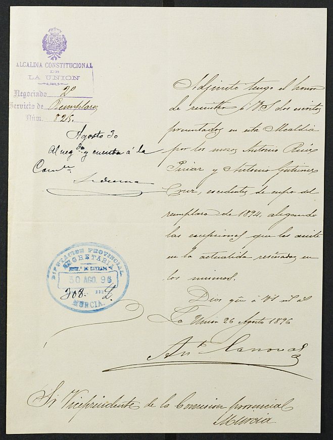 Oficios del Ayuntamiento de La Unión a la Comisión Provincial de Murcia sobre el reemplazo de 1896.