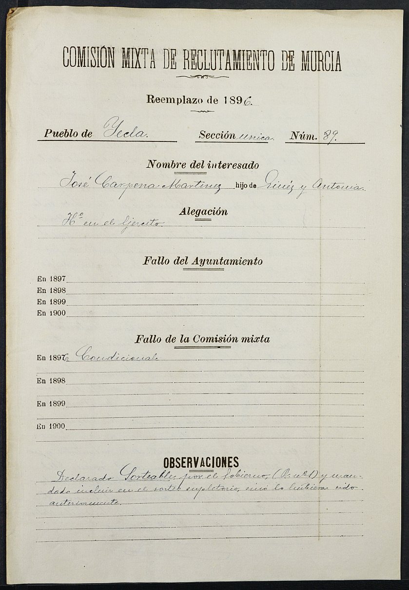 Expediente justificativo de la excepción del servicio militar de José Carpena Martínez, mozo del reemplazo de 1896 de Yecla.