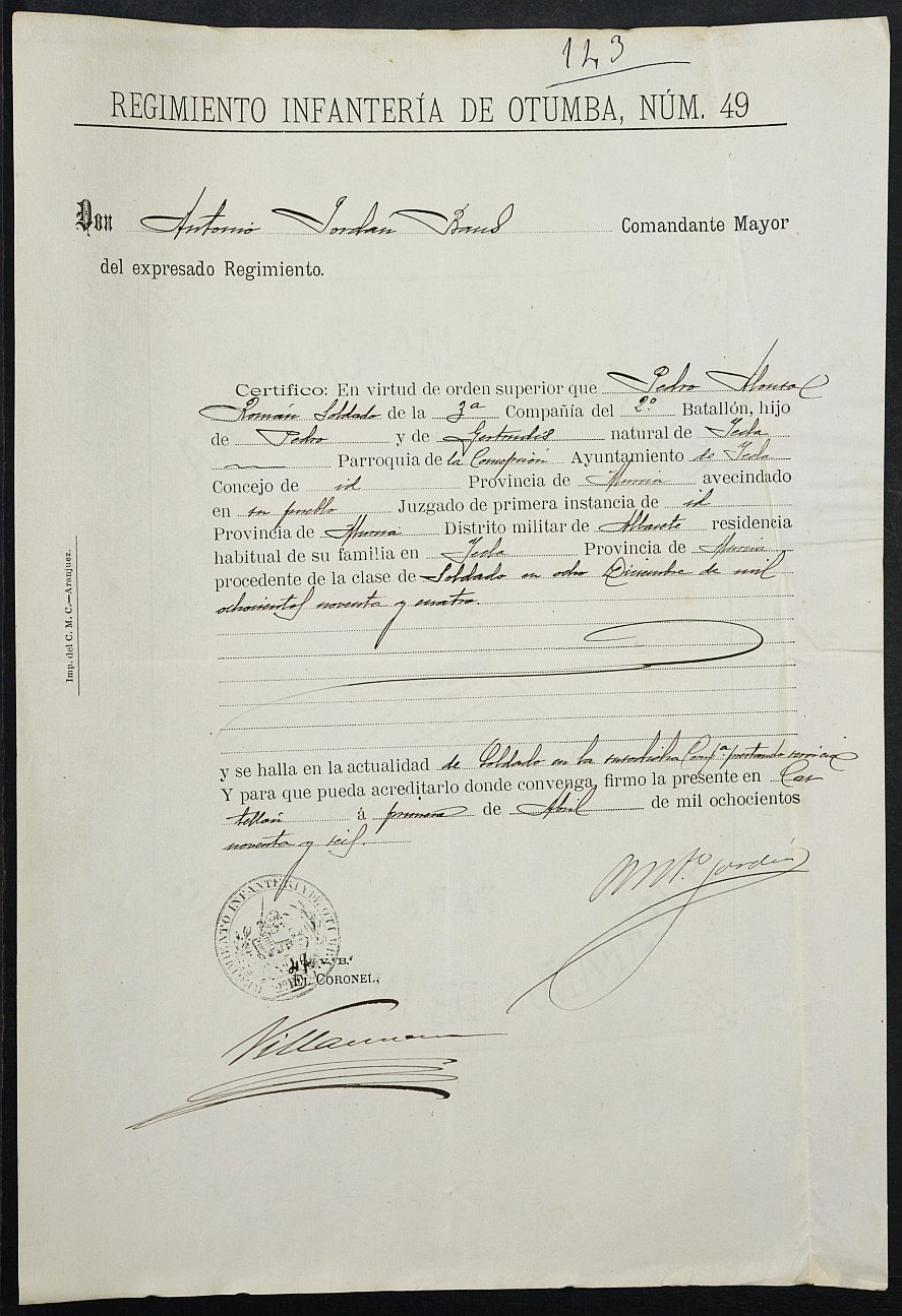 Expediente justificativo de la excepción del servicio militar de Ricardo Alonso Román, mozo del reemplazo de 1896 de Yecla.
