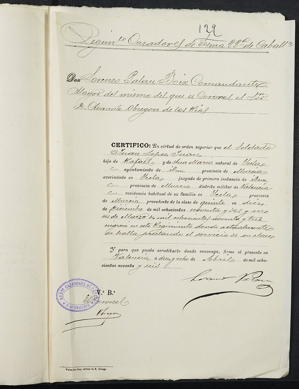 Expediente justificativo de la excepción del servicio militar de José María López Juan, mozo del reemplazo de 1896 de Yecla.