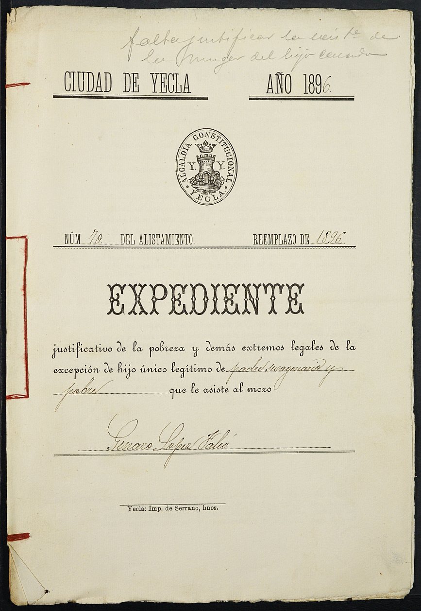 Expediente justificativo de la excepción del servicio militar de Genaro López Falcó, mozo del reemplazo de 1896 de Yecla.