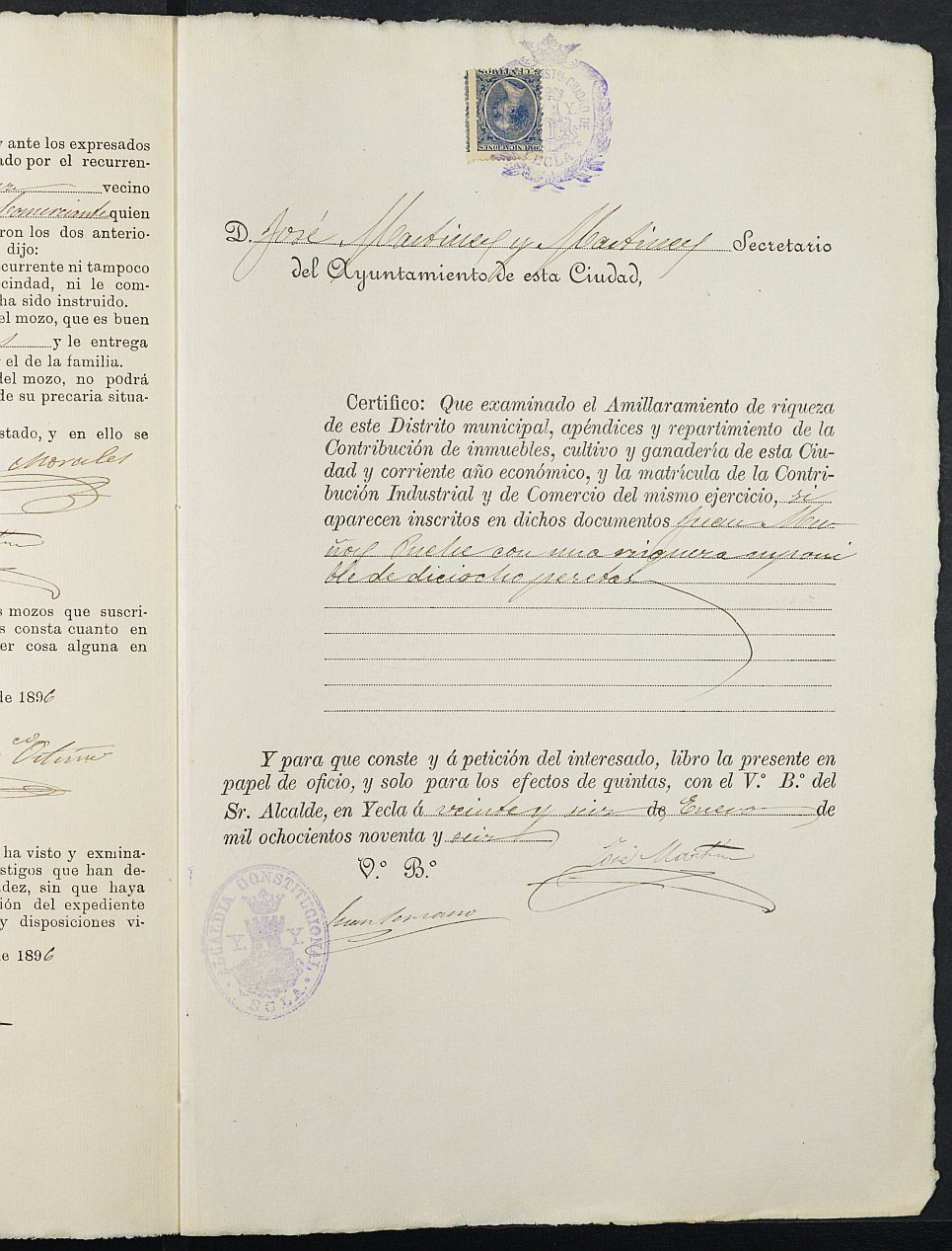 Expediente justificativo de la excepción del servicio militar de Juan Muñoz Román, mozo del reemplazo de 1896 de Yecla.