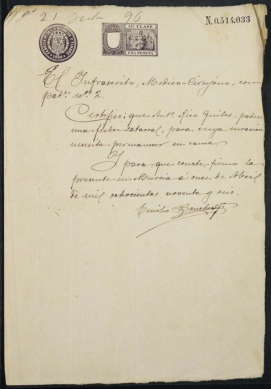 Certificado médico de Antonio Rico Quiles para la excepción del servicio militar, mozo del reemplazo de 1896 de Yecla.