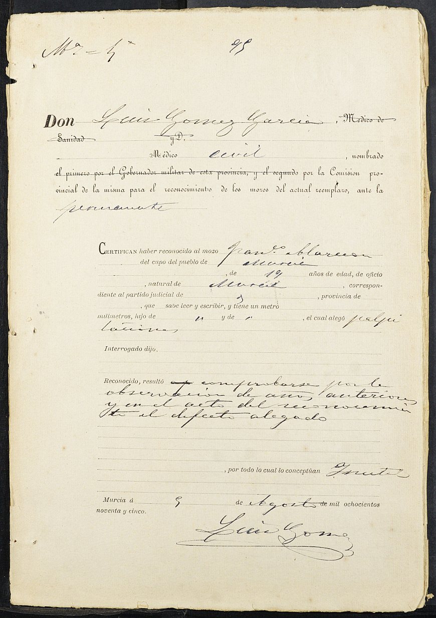 Copia certificada del expediente general de Quintas de la Sección 4ª del Ayuntamiento de Murcia del reemplazo de 1895.