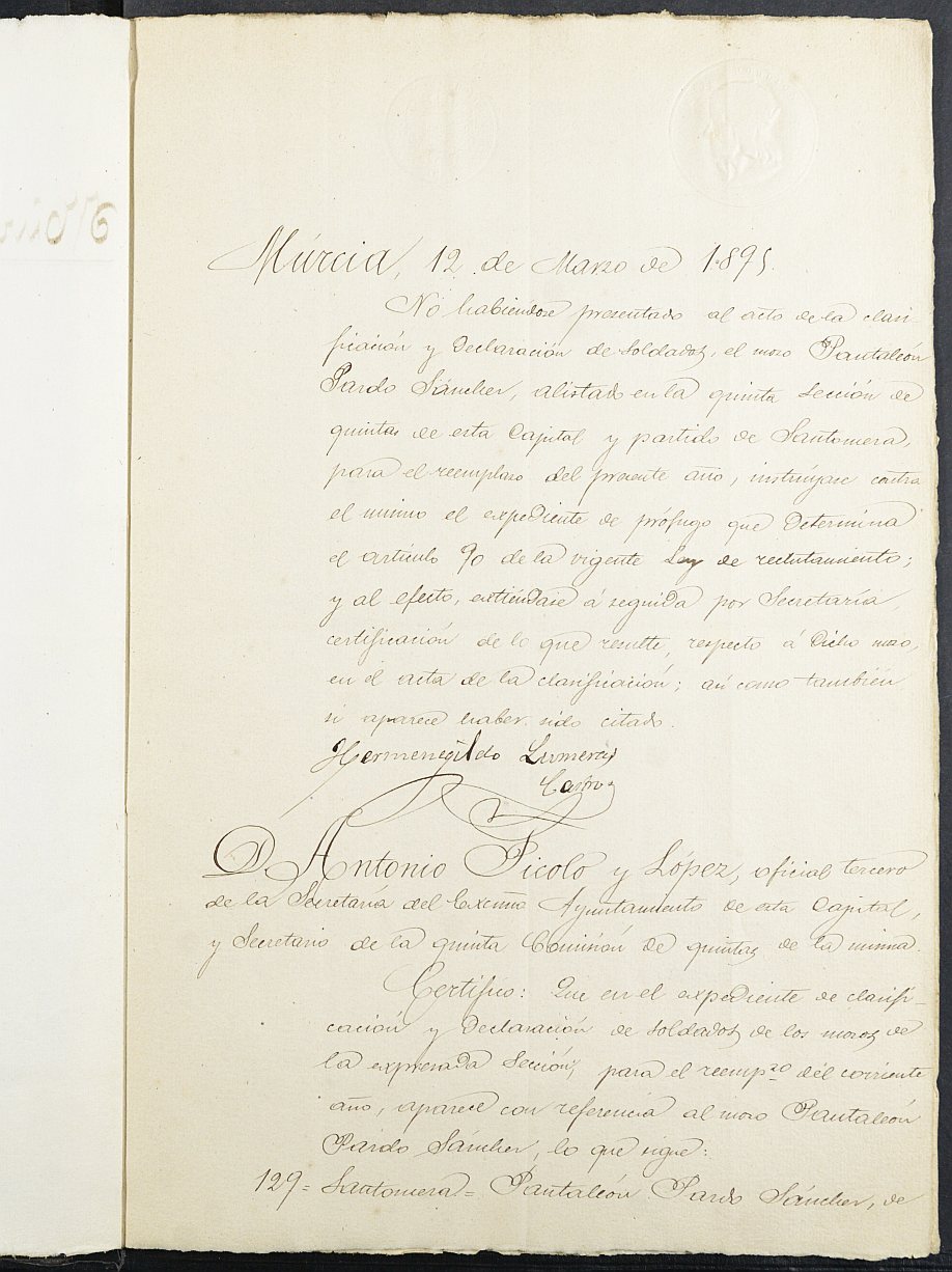Expediente de declaración de prófugo de Pantaleón Pardo Sánchez, mozo del reemplazo de 1895 de Murcia.