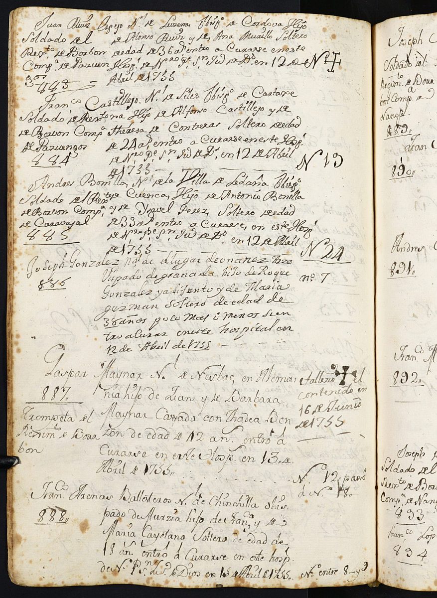 Registro de entrada y salida de enfermos del Hospital. (Hombres y Militares). Años 1752, enero-1761, abril.