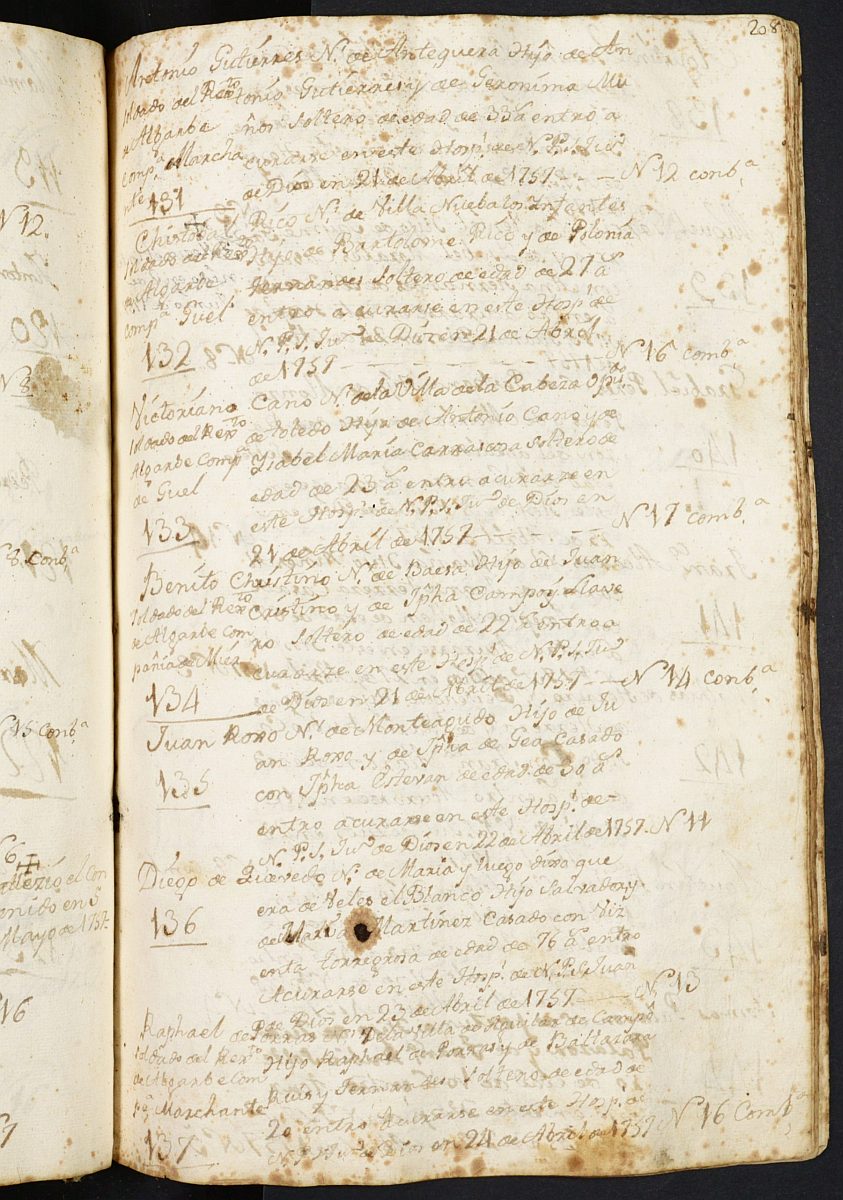 Registro de entrada y salida de enfermos del Hospital. (Hombres y Militares). Años 1752, enero-1761, abril.