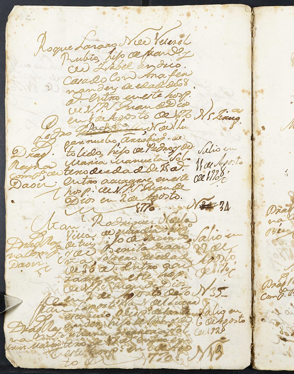 Registro de entrada y salida de enfermos del Hospital. (Hombres y Militares). Años 1770, julio-1776, septiembre.