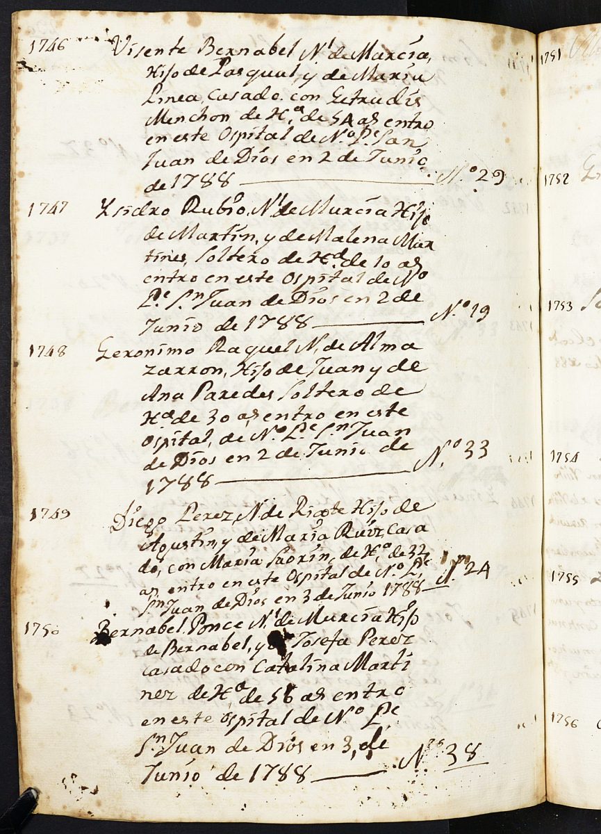 Registro de entrada de enfermos del Hospital. (Hombres). Años 1782-1790.