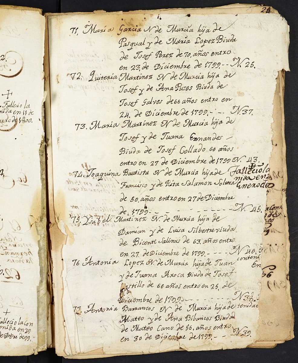 Registro de entrada y salida de enfermos del Hospital. (Mujeres). Años 1799, diciembre-1803, mayo.