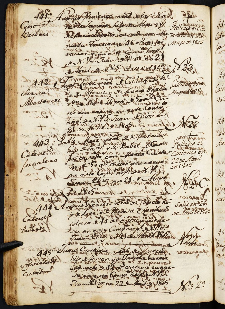 Registro de entrada y salida de enfermos del Hospital. (Hombres). Años 1803, octubre-1808, febrero.