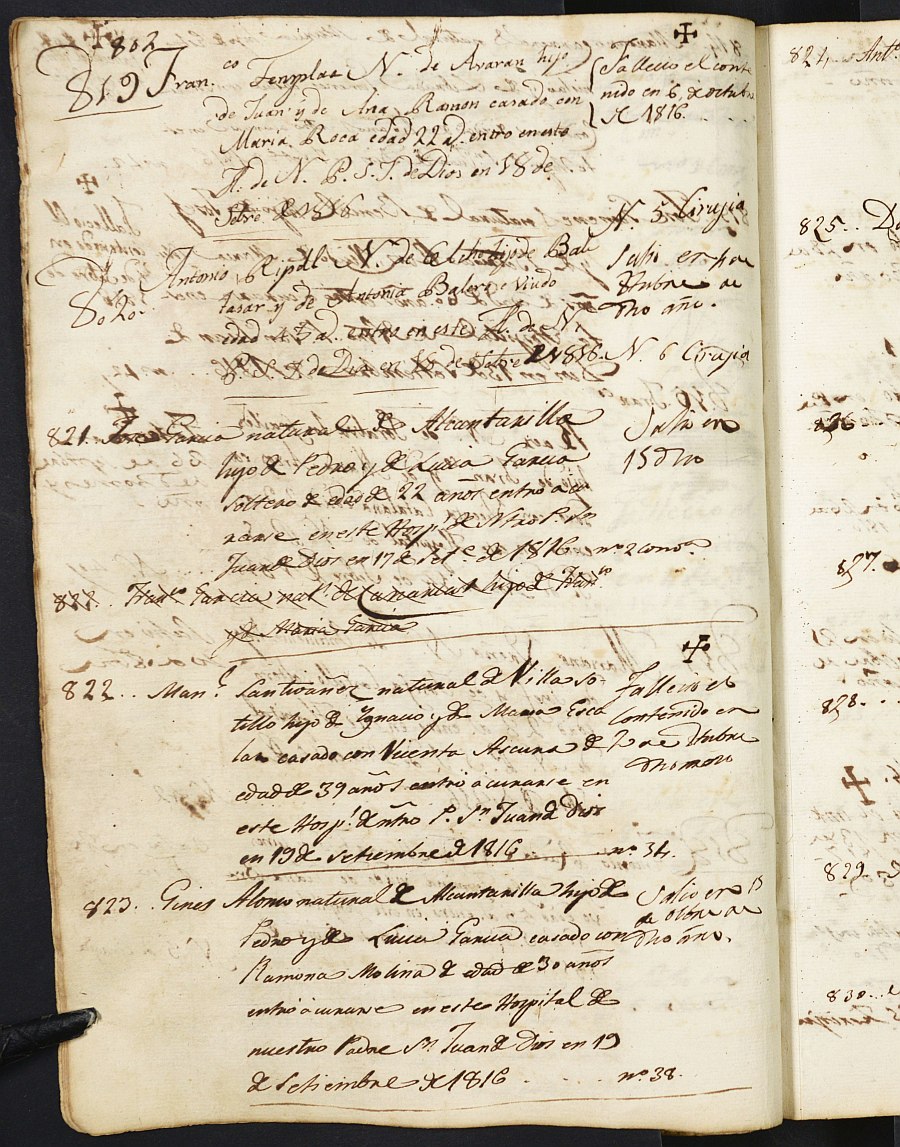 Registro de entrada y salida de enfermos del Hospital. (Hombres). Años 1814, mayo-1820, septiembre.