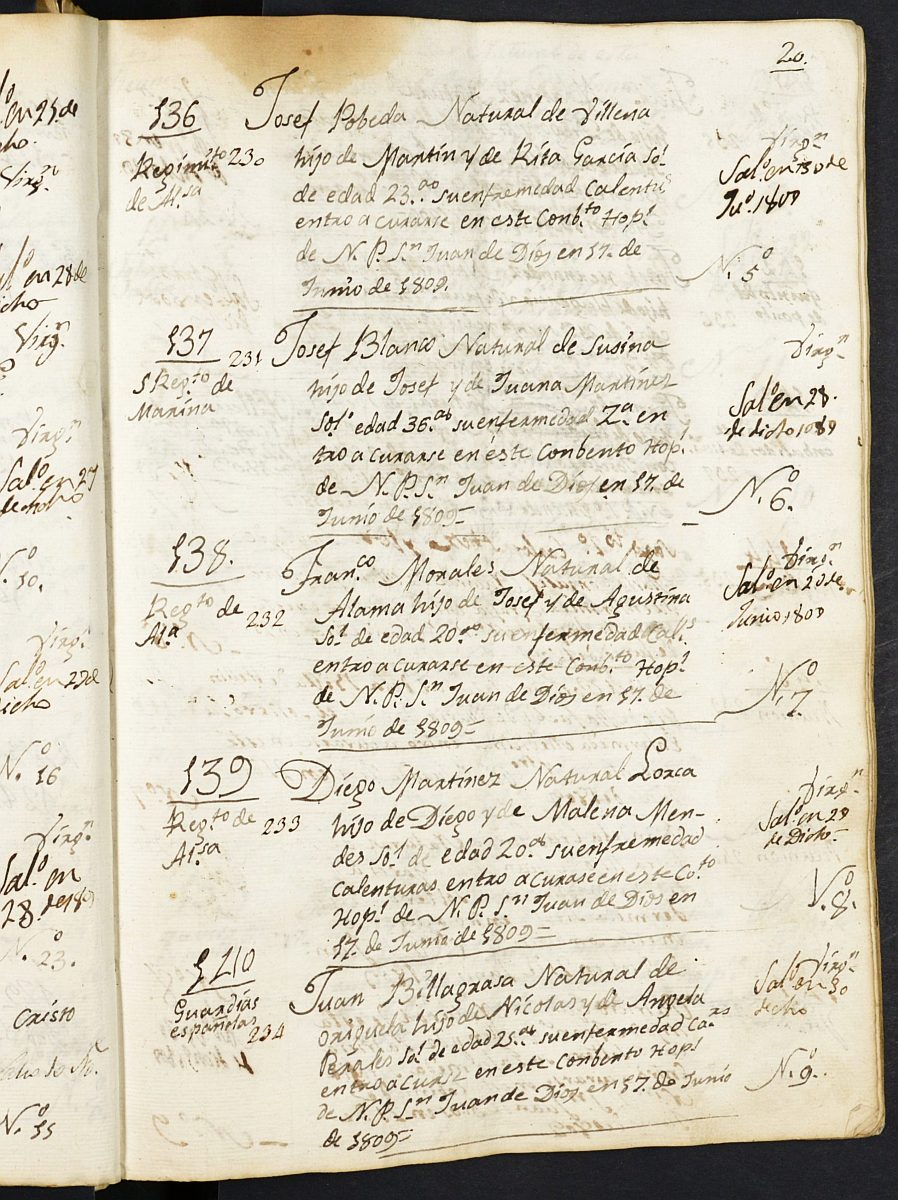 Registro de entrada y salida de enfermos del Hospital. (Militares). Años 1809, febrero-1816, enero.