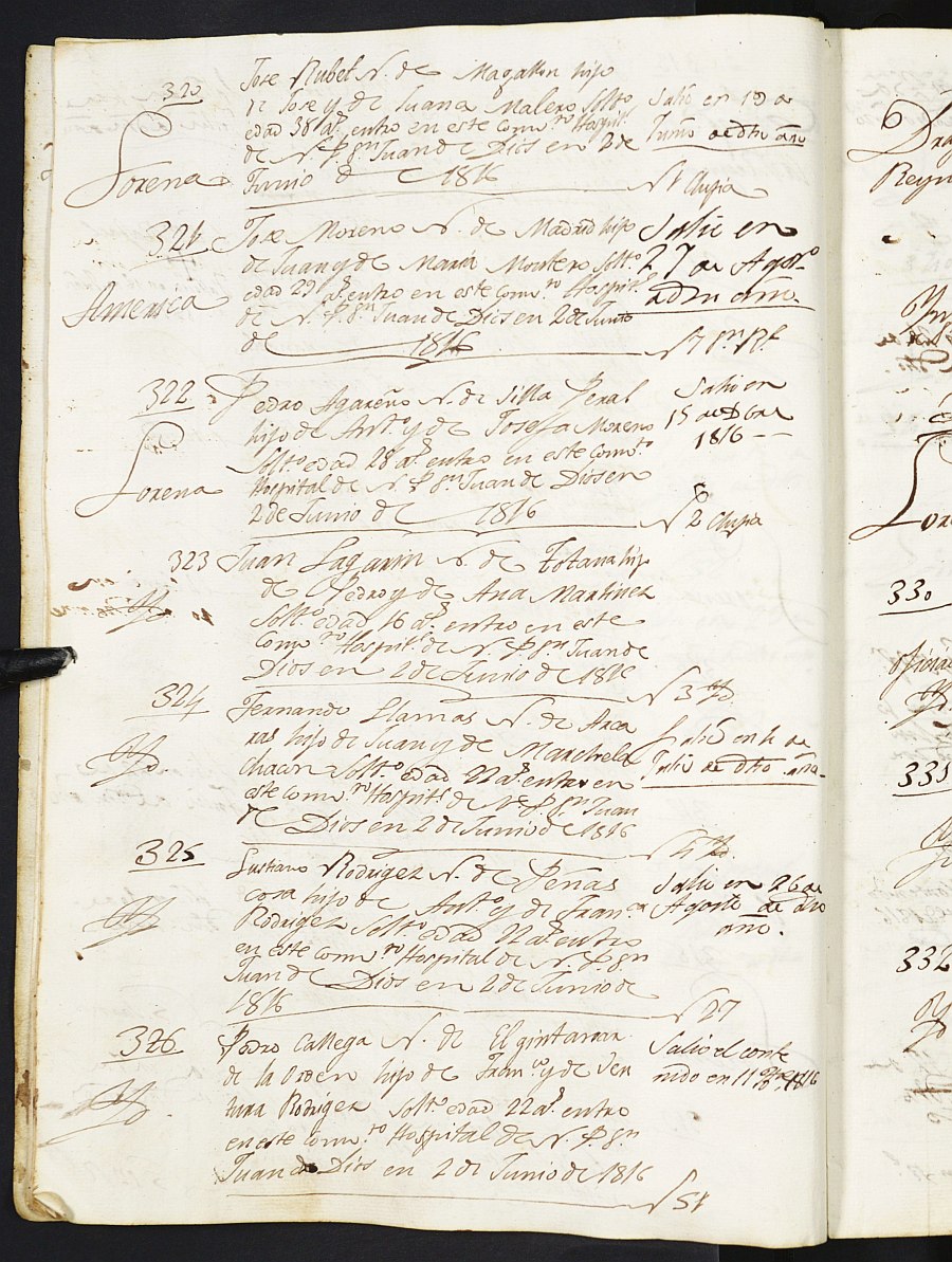 Registro de entrada y salida de enfermos del Hospital. (Militares). Años 1816, enero-1820, octubre.