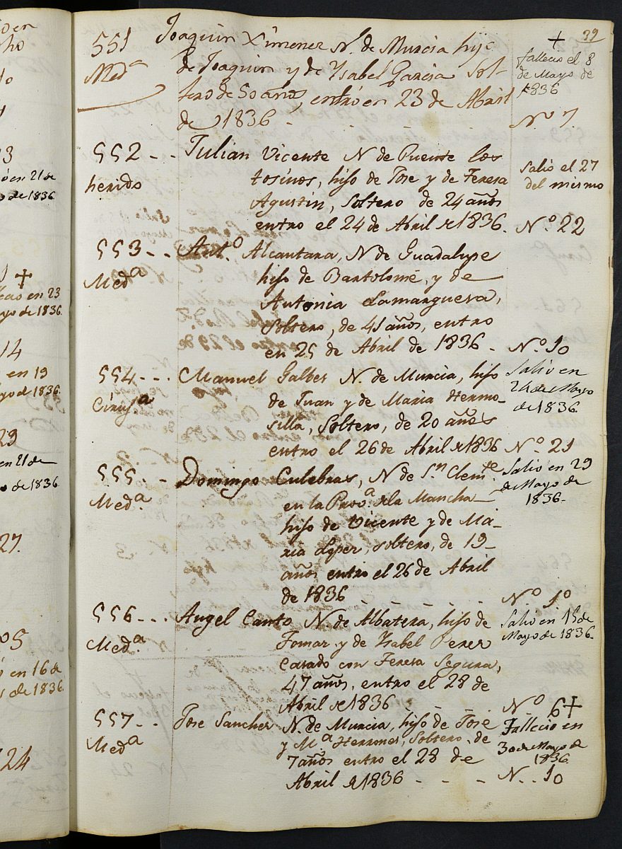 Registro de entrada y salida de enfermos del Hospital. (Hombres). Años 1834, septiembre-1850, diciembre.