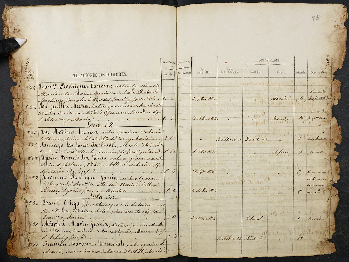 Registro de entrada y salida de enfermos del Hospital. (Hombres). Año 1870, enero-diciembre.