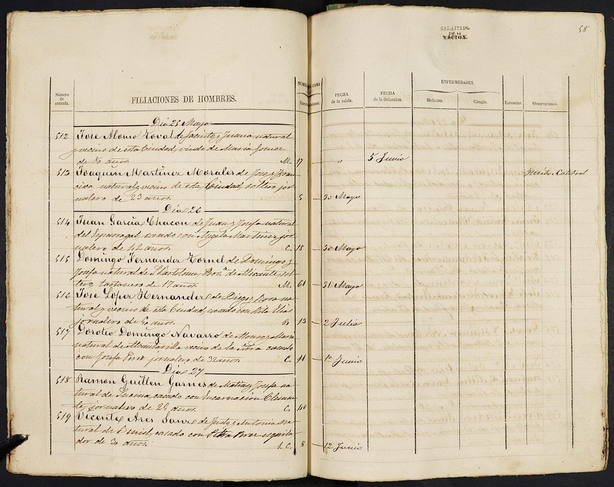 Registro de entrada y salida de enfermos del Hospital. (Hombres y Extraordinarios). Año 1869, enero-diciembre.