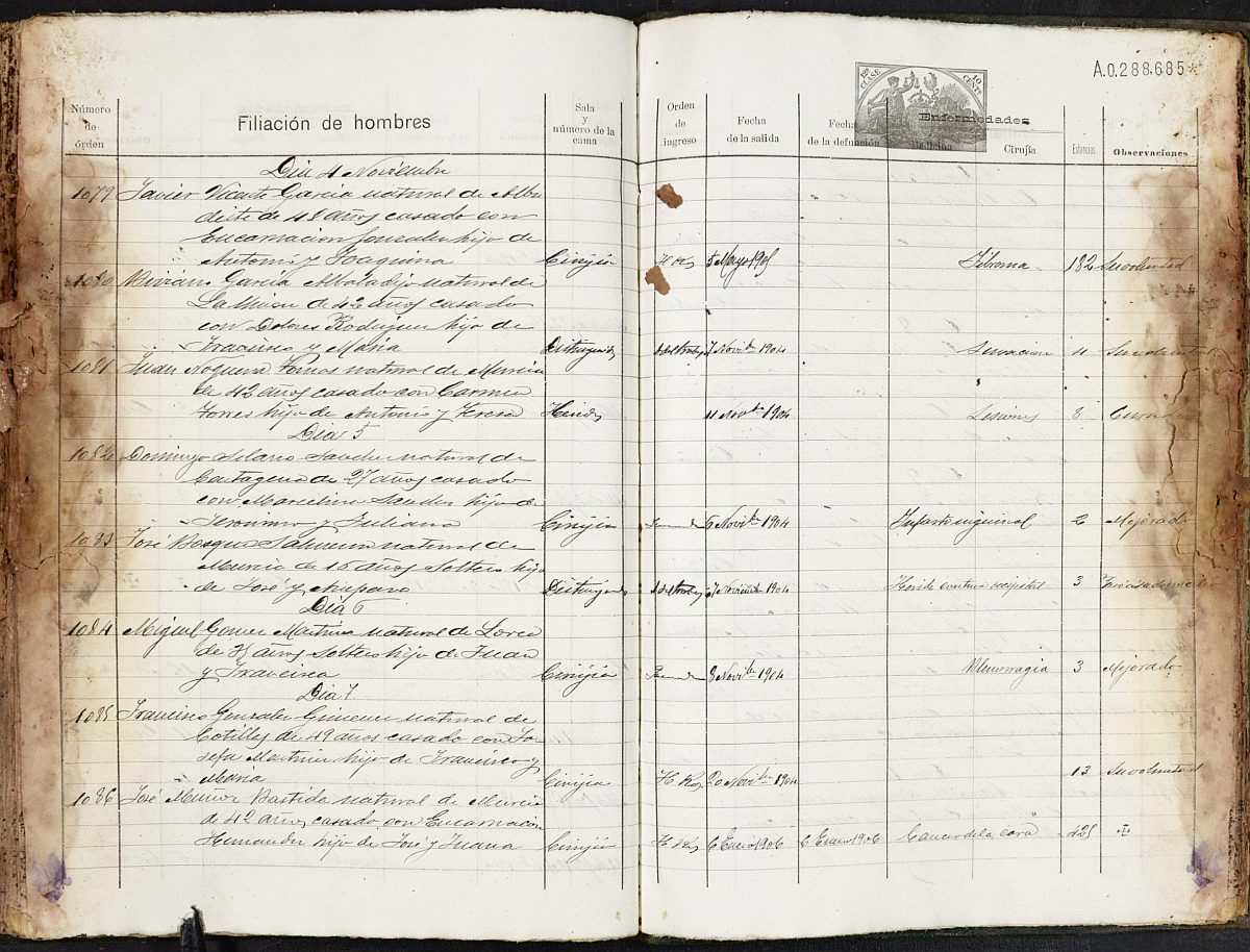 Registro de entrada y salida de enfermos del Hospital. (Hombres). Año 1904, enero-diciembre.
